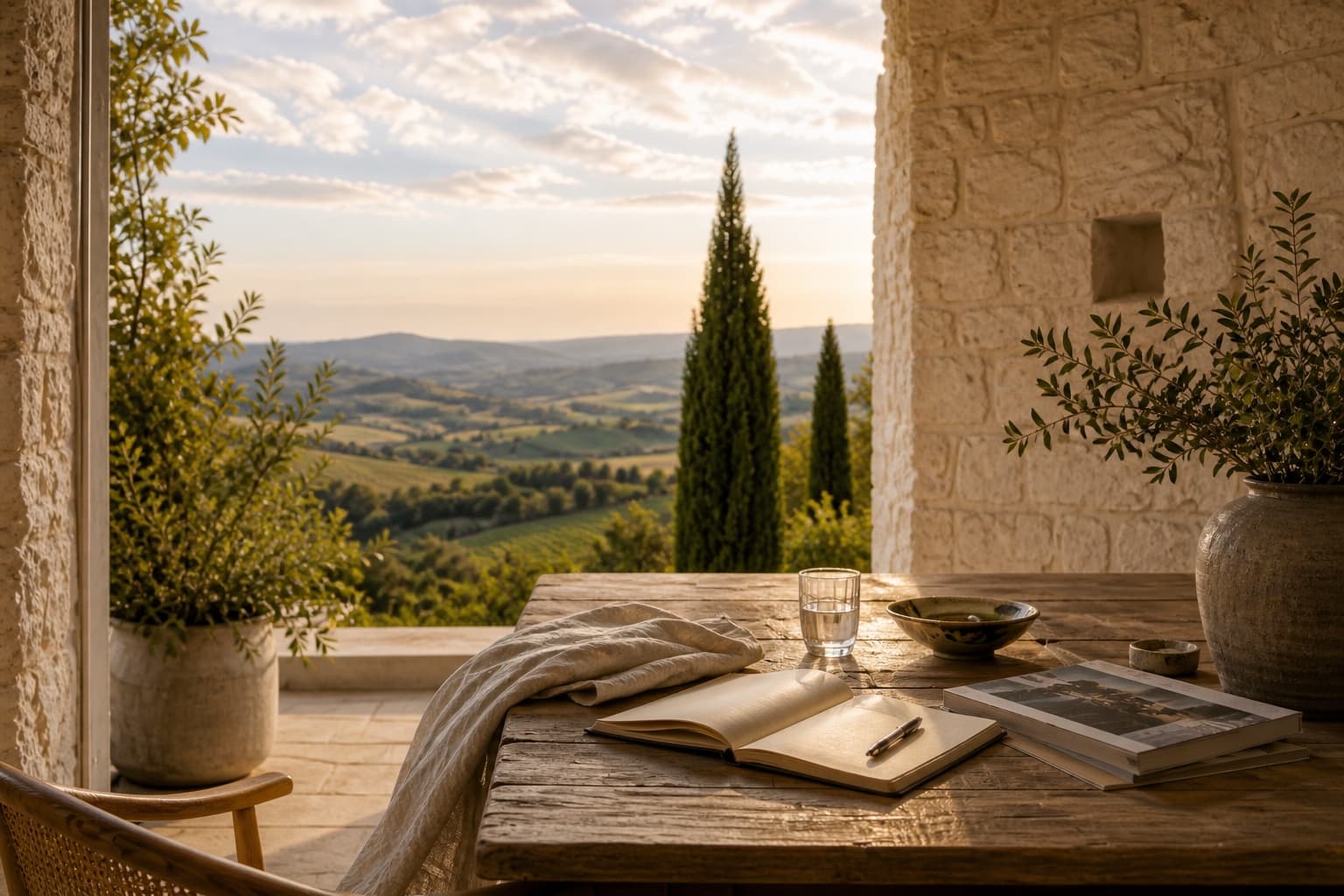 Terrasse ombragée ouverte sur un paysage méditerranéen